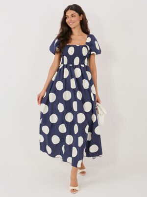 Vasarinė maxi suknelė su dideliais taškais ir pūstomis rankovėmis "EVIA" tamsi mėlyna