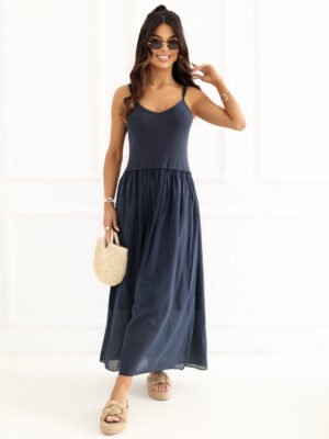 Vasariška maxi suknelė su petnešėlėmis ir lengvu sijonu "KRISSY" tamsi mėlyna