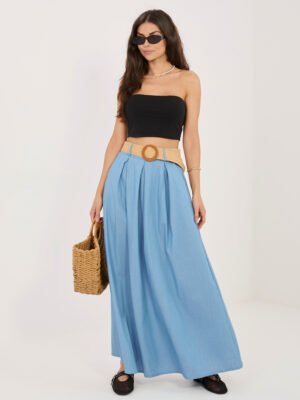 Laisvai krentantis maxi sijonas su kišenėmis ir diržu "LOREA" šviesi mėlyna