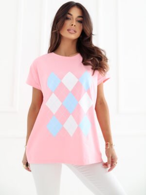 Minimalistiniai marškinėliai su klasikiniu rombų raštu "SELEN" šviesi rožinė