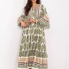 Boho stiliaus ilga suknelė su raštais ir platėjančiomis rankovėmis "WILLI" khaki