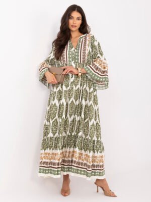 Boho stiliaus ilga suknelė su raštais ir platėjančiomis rankovėmis "WILLI" khaki