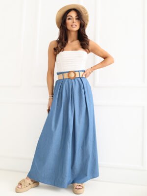 Laisvai krentantis maxi sijonas su kišenėmis ir diržu "LOREA" mėlyna