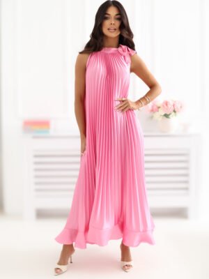 Grakšti lengvai krintanti plisuota maxi suknelė atvirais pečiais "NORIELE" rožinė