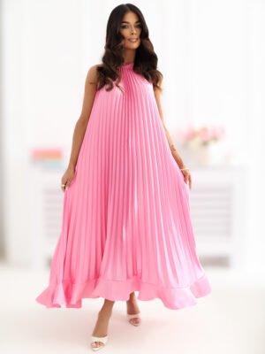 Alternative view of Grakšti lengvai krintanti plisuota maxi suknelė atvirais pečiais "NORIELE" rožinė