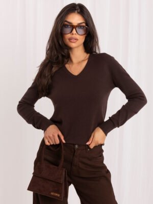 Alternative view of Klasikinis plono mezgimo megztinis su V formos iškirpte "CUDDY" ruda